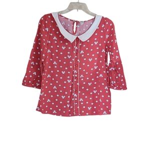 Disney Lauren Conrad Minnie Polka Dot Collared Blouse 3/4 Sleeve Small Pink Top